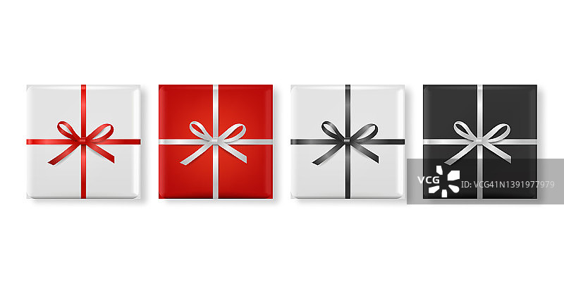 矢量3d现实纸白色，红色，黑色圣诞礼盒，弓图标集孤立。新年，圣诞节，情人节或周年纪念概念。圣诞礼物包装设计模板。俯视图图片素材