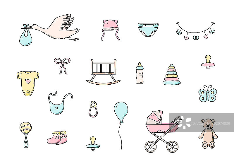 新生的图标集。为一个小婴儿元素的矢量插图。婴儿车，婴儿用品，拨浪鼓，泰迪熊等等。图片素材