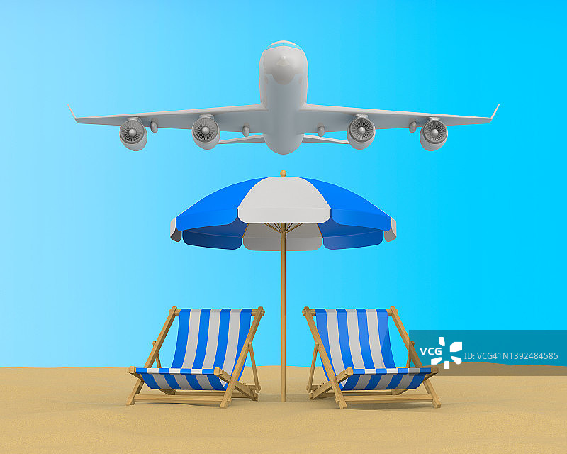 沙滩上有雨伞、躺椅和飞机。三维演示图片素材