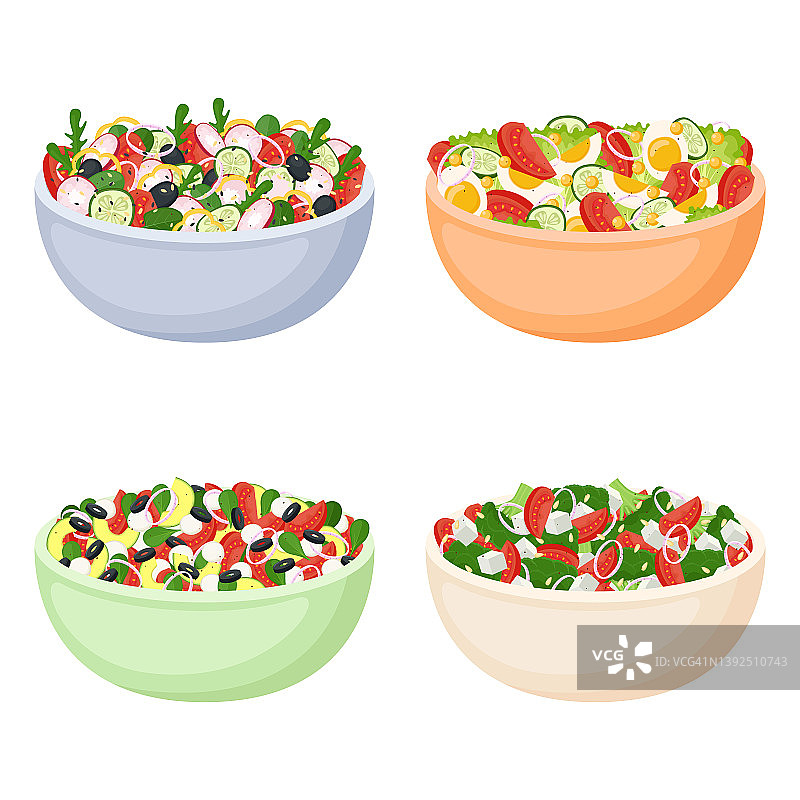 一套用新鲜蔬菜自制的沙拉。健康食品。维根和素食餐。矢量图图片素材