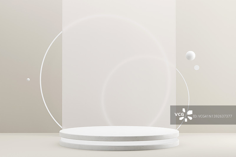 白色陶瓷平台与磨砂玻璃背景和白色霓虹灯。未来的3d平台有三个小的悬浮球。非常适合您的产品展示图片素材