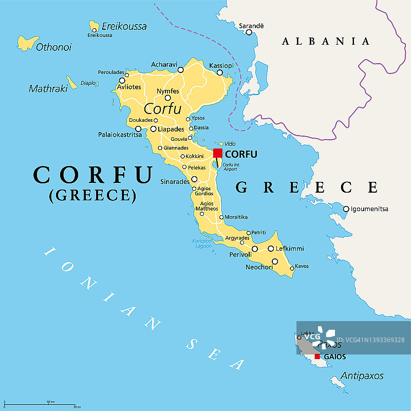 科孚岛，希腊岛屿和爱奥尼亚群岛的一部分，政治地图图片素材