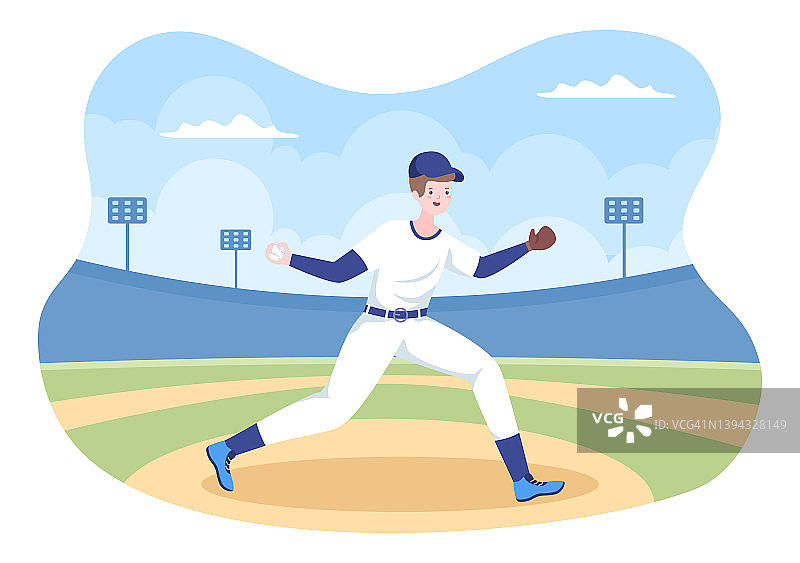 棒球运动员运动投掷，接球或击球与球棒和手套穿制服在球场体育场在平面卡通插图图片素材