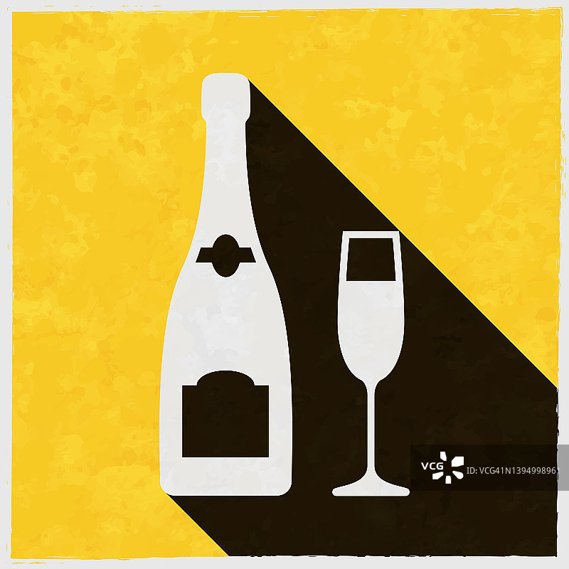 香槟瓶和玻璃杯。图标与长阴影的纹理黄色背景图片素材