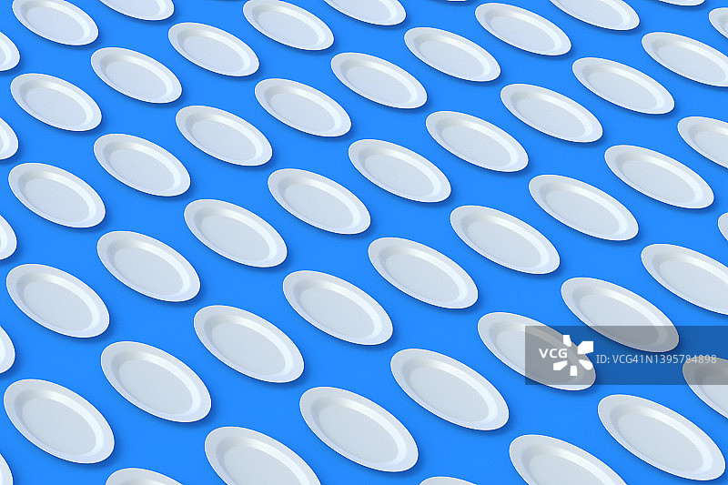 蓝色背景上的一排排椭圆形盘子。三维渲染图片素材