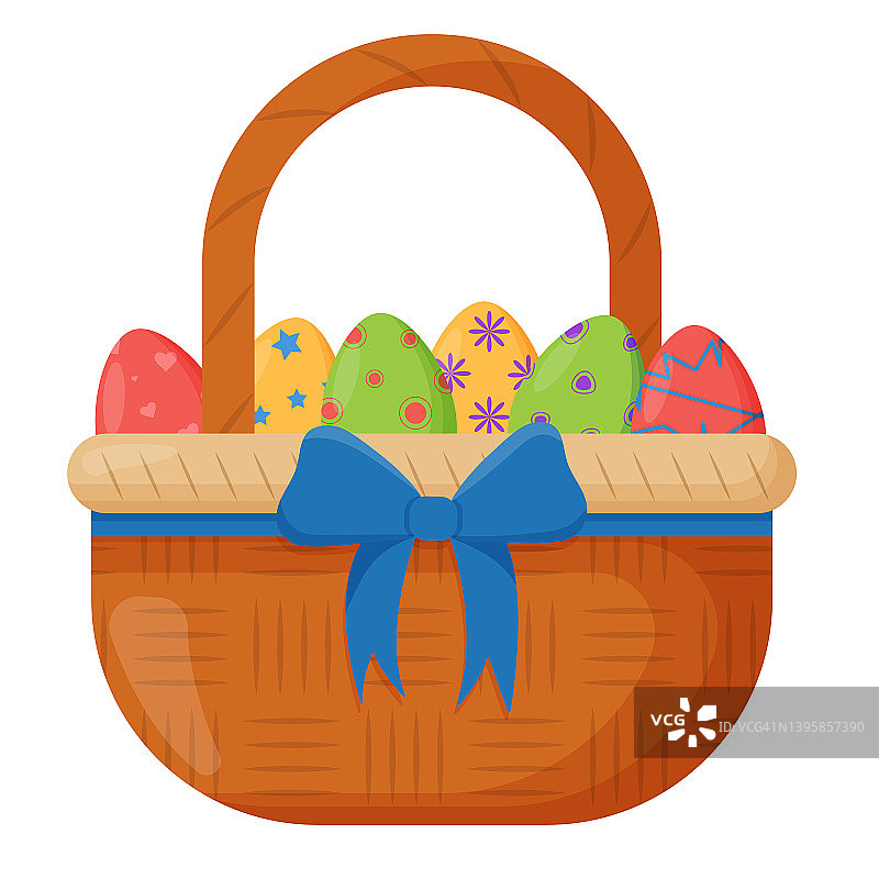 柳条篮子里。装有复活节彩蛋的柳条篮子。存放或搬运的木制配件图片素材