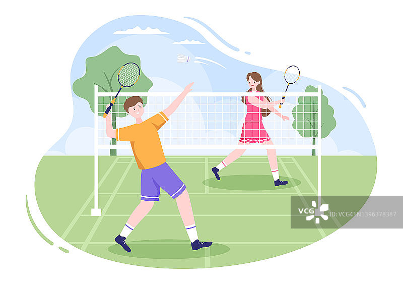 羽毛球运动员与羽毛球场上平面风格的卡通插图。快乐玩运动游戏和休闲设计图片素材