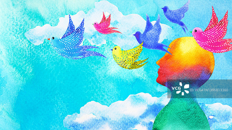 鸟儿在蓝天飞翔抽象艺术心灵心理健康精神治疗人头自由自由感觉水彩画插图设计图图片素材