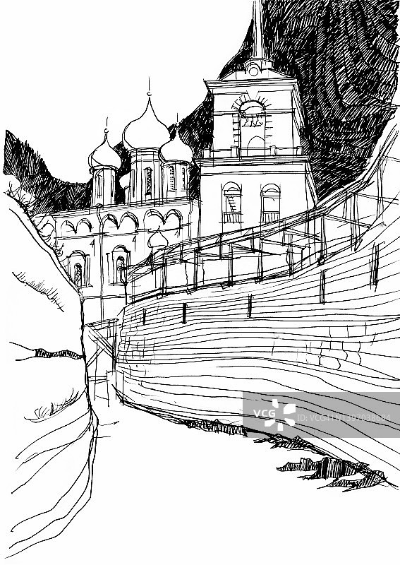 普斯科夫的古砖墙和克林姆林宫的三位一体大教堂的钟楼。老式的笔墨画图片素材