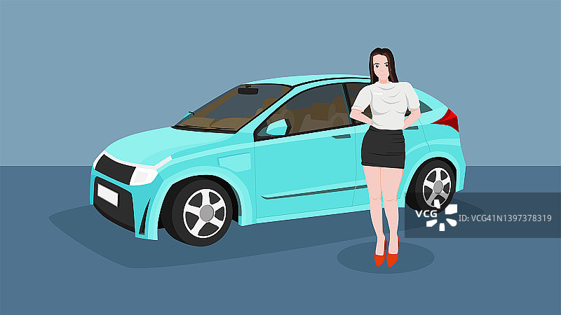 女性销售人员配色为电动汽车蓝色。展示在陈列室蓝色。图片素材