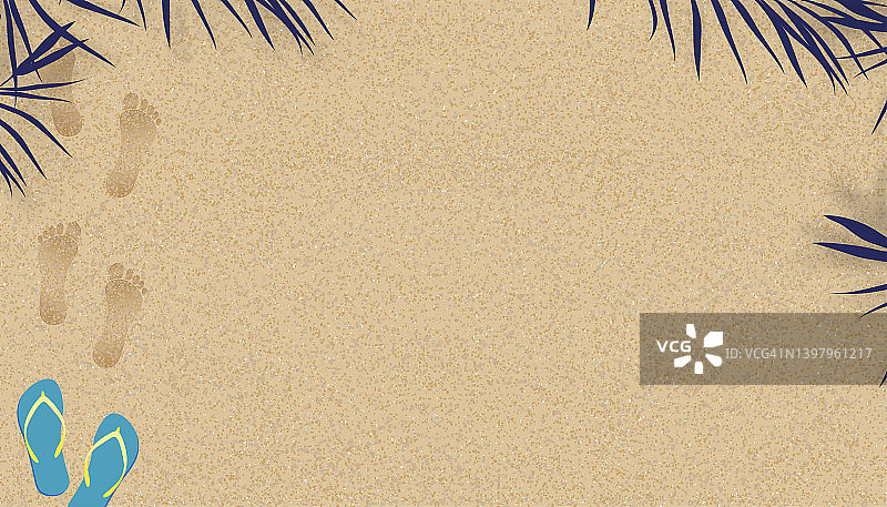 沙滩纹理背景与棕榈叶阴影和脚印的人的脚，矢量插图背景褐色沙滩沙丘赤脚和凉鞋为夏季旗帜背景。图片素材