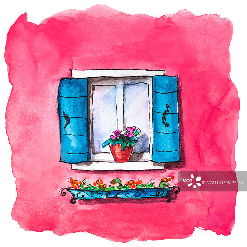 粉红色立面上蓝色百叶窗的窗户水彩画。图片素材