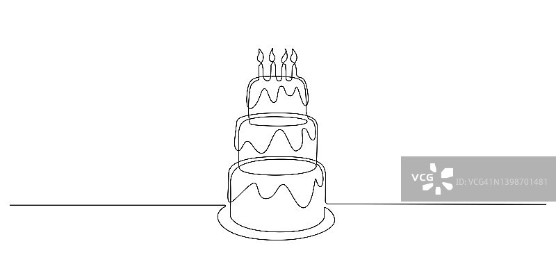 用一条线连续画生日蛋糕和蜡烛。甜甜的庆祝蛋糕和派与糕点糖奶油简单的线性风格。可编辑的中风。涂鸦向量illustrationration图片素材