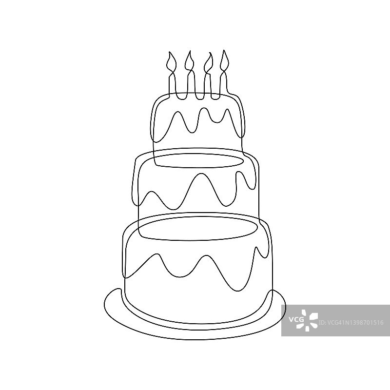 用一条线连续画生日蛋糕和蜡烛。标志和象征甜甜的庆祝蛋糕和派与糖奶油在简单的线性风格。可编辑的中风。画矢量图图片素材