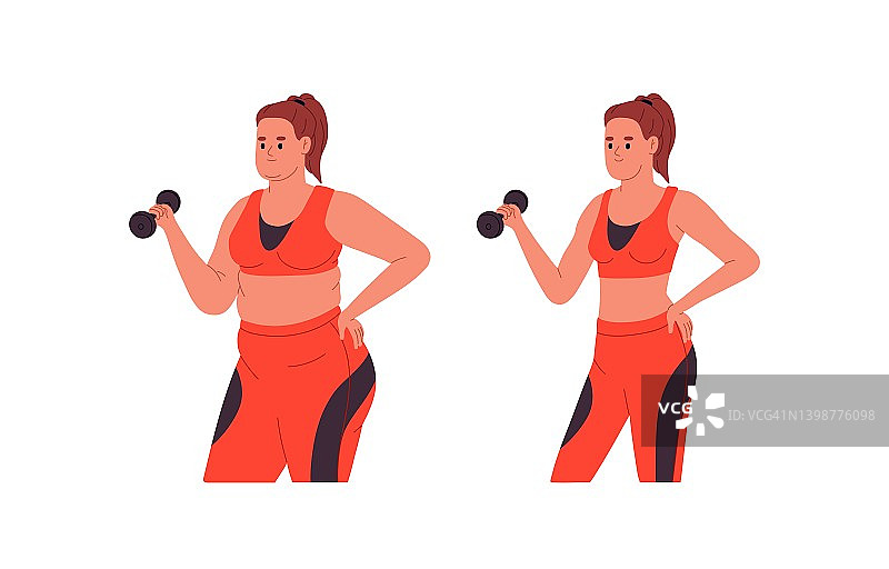 减肥的概念。前后对女性身体、胖瘦进行比较。拿着哑铃的女孩在健身房运动运动服锻炼，减肥。平面矢量插图孤立在白色背景图片素材