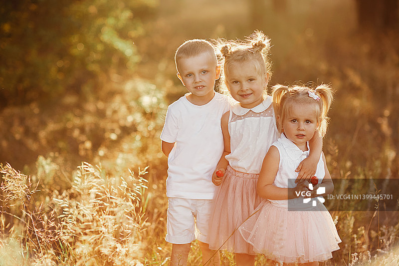两个姐姐和哥哥在夏天的田野里拥抱着玩耍。孩子们在户外玩耍，在夕阳下微笑。幸福的家庭。快乐的童年图片素材