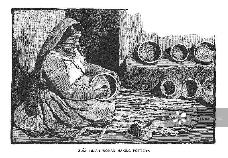 古雕刻插图的祖尼印度妇女制作陶器图片素材