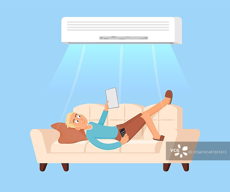 空调下的男人。男人躺在沙发上，拿着平板电脑降温。炎热的夏天，空调房。舒适的气候控制在热量体面的矢量概念图片素材