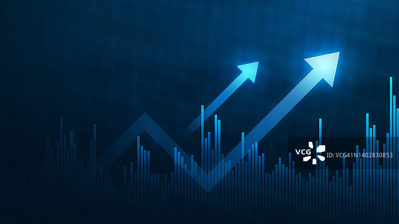 成功财务报告背景上的蓝色增长图业务图数据图，以抽象的向上箭头条形符号或财务营销价格统计和经济市场利润投资。图片素材
