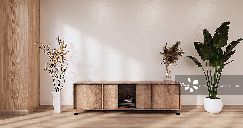 柜体木质设计上的白色房间室内现代风格。三维渲染图片素材