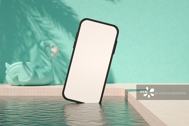 黑屏智能手机和游泳池夏季度假旅游背景棕榈树的影子图片素材
