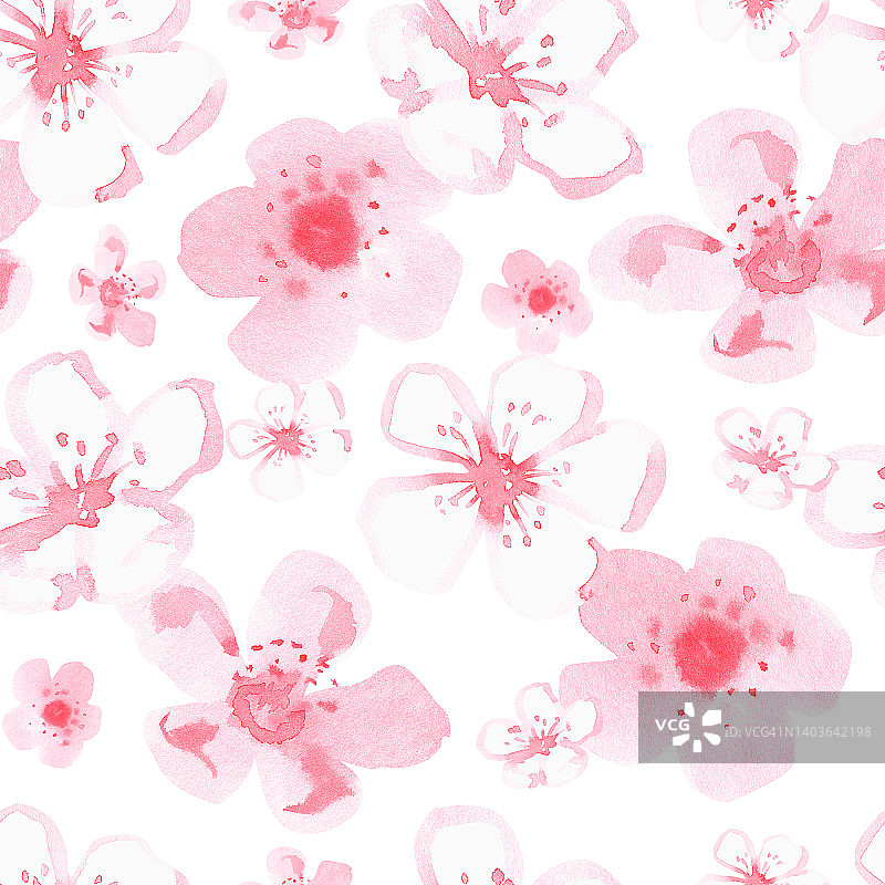 无缝的樱花模式。水彩插图。孤立在白色背景上。为设计。图片素材