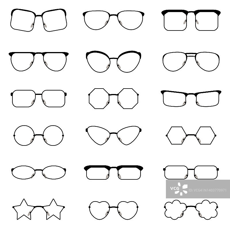 18种不同形状的黑色框架眼镜图标的选择。图片素材