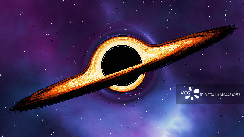 黑洞在太空中吞噬行星和恒星。黑洞的视界，星系的毁灭，强大的引力。三维渲染图片素材