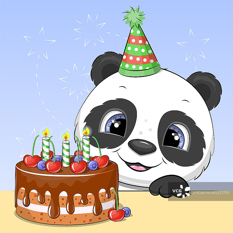 可爱的卡通熊猫和生日蛋糕。图片素材