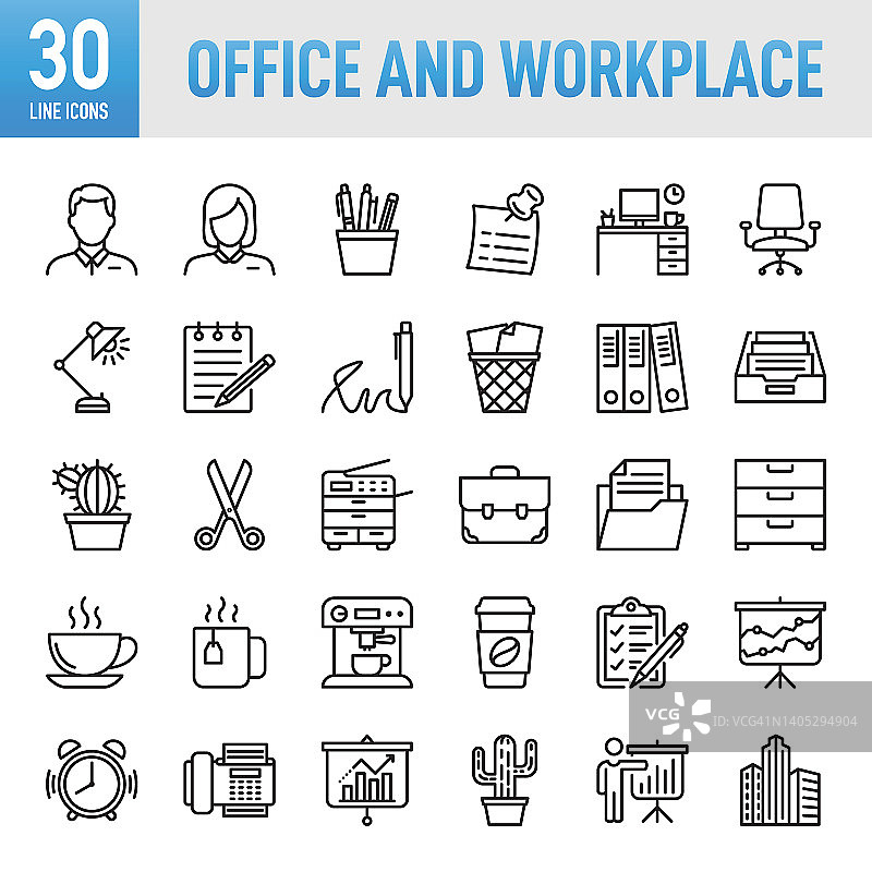 商务办公室概念和工作场所-细线矢量图标集。像素完美。为移动和网络。套装包含图标:办公室，办公桌，工作地点，粘合剂，公事包，公文包，业务，个人组织者，秘书，协助，时间图片素材