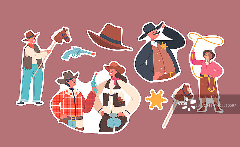 一套贴纸的孩子牛仔穿传统的狂野西部服装和帽子。男孩和女孩孤立的西方人物图片素材