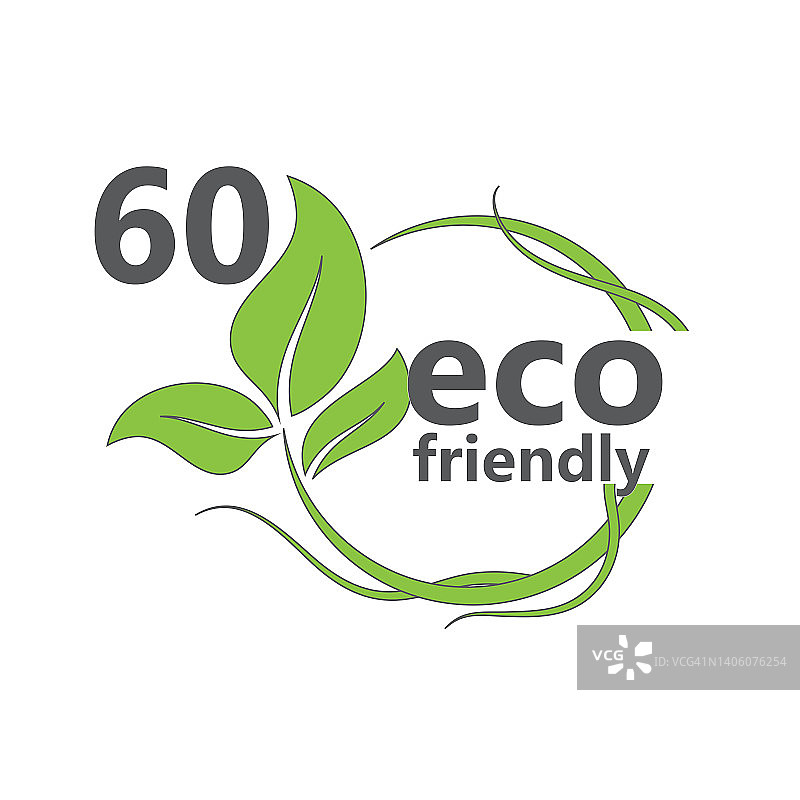 60%环保邮票图标矢量插图绿色有机植物叶子。环保的绿叶标签贴纸。2 d矢量插图。图片素材