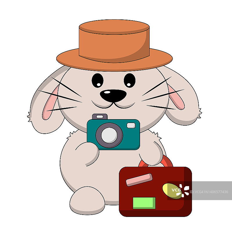 可爱的卡通兔子旅游相机和手提箱。画彩色插图图片素材