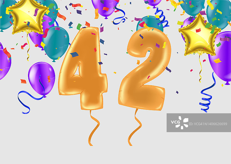 用有趣的艺术风格和派对五彩纸屑祝你42岁生日快乐。周年庆邀请，祝贺或设计图片素材