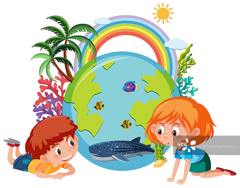 两个孩子用卡通风格的地球仪和彩虹图片素材