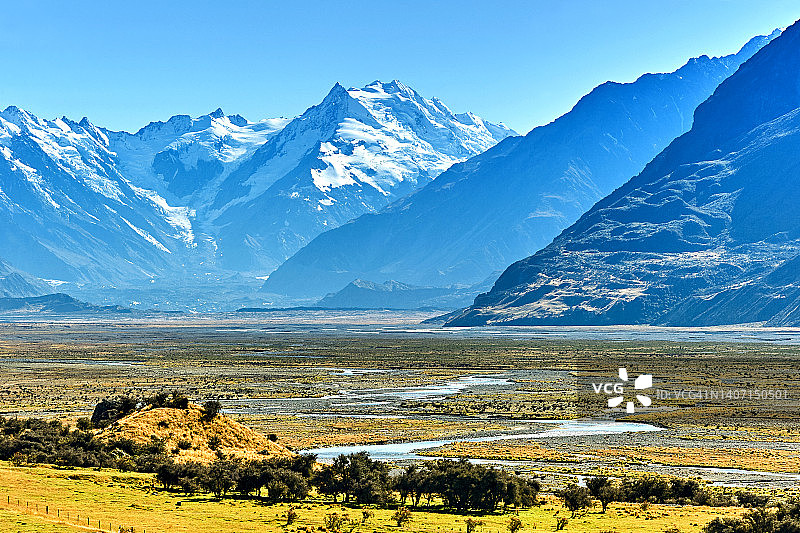 鸟瞰新西兰秋天阳光下的牧场和山脉图片素材