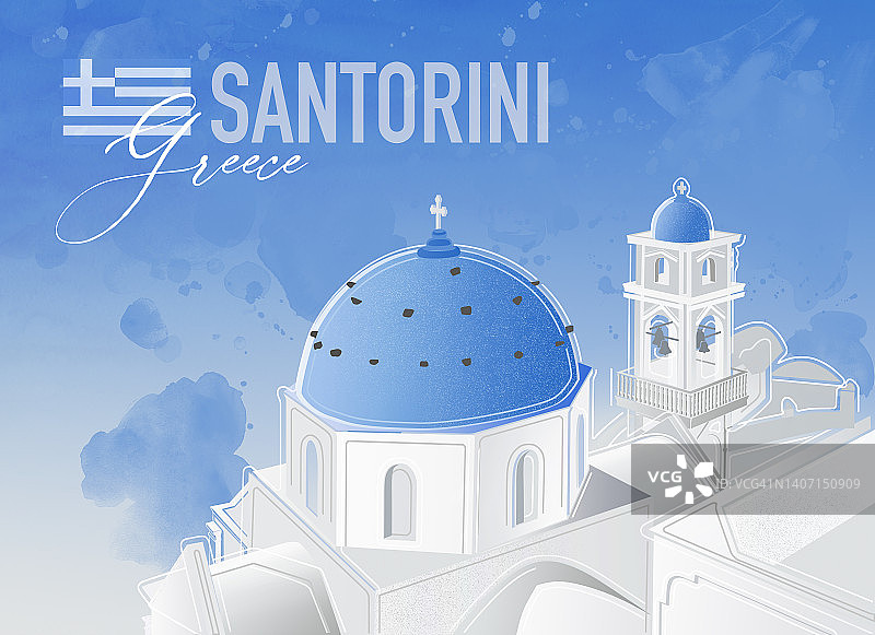 圣托里尼钟楼和希腊伊亚的蓝色穹顶水彩画图片素材