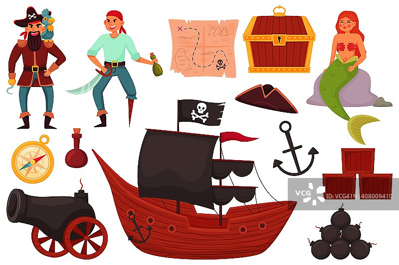 盗版物品。有趣的海洋团队，可爱的船长握剑，水手和美人鱼，船与黑色的帆，卡通孤立元素，大炮和锚，宝箱最近矢量幼稚集图片素材