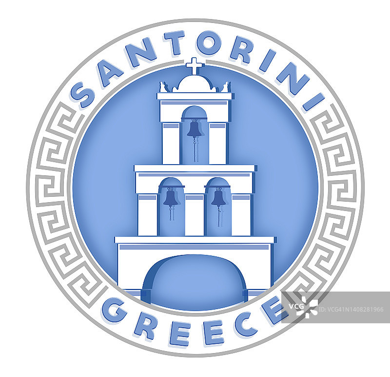 希腊伊亚的圣托里尼钟塔圆形徽章上的平面设计插图图片素材