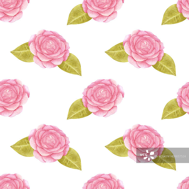 手绘玫瑰无缝图案。水彩粉红色的花与绿色的叶子在奶油色的背景。剪贴簿设计，印刷海报，标签，横幅，纺织品。图片素材