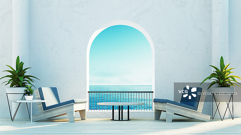 海滩豪华户外生活-圣托里尼岛风格- 3D渲染图片素材