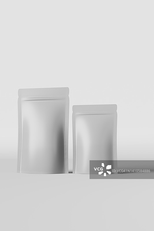 白色袋子模型品牌光背景3D渲染。商品包装设计空白咖啡豆doy包装图片素材