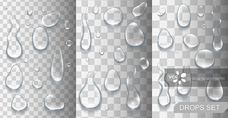 逼真的闪光水滴和水滴在透明的背景矢量插图图片素材