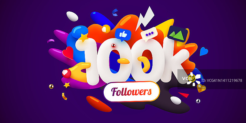10万或10万粉丝，谢谢。社交网络的朋友，追随者，网络用户。感谢您的订阅者或追随者和喜欢庆祝。图片素材