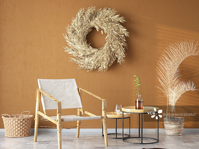波西米亚风格舒适的房间与竹椅和配件图片素材