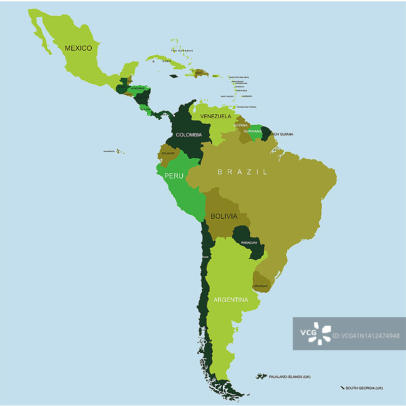 南美洲地图的细节和每个国家的名字。图片素材