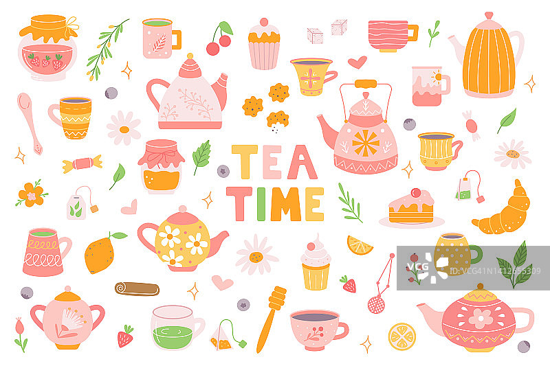 大的茶具。茶壶，杯子和糖果，饼干。早餐,茶党。矢量平面插图手绘风格在白色背景。图片素材