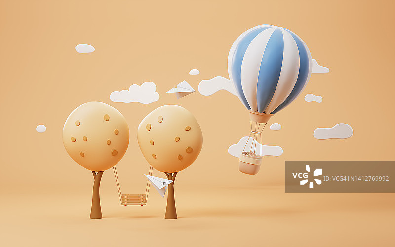 卡通热气球与树木场景，3d渲染。图片素材