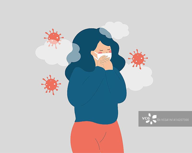 生病的妇女患有流感，被微生物或病毒包围，并戴着口罩。女性因病毒感冒咳嗽。图片素材