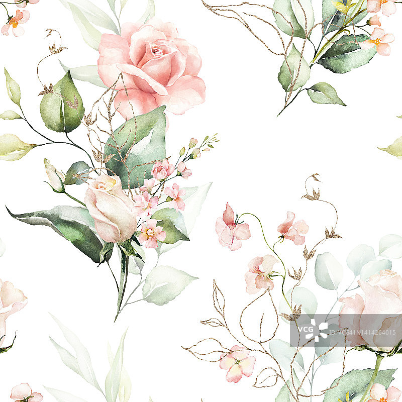 无缝水彩花卉图案-粉红色的花朵，金色的元素，绿色的叶子和树枝在白色的背景图片素材